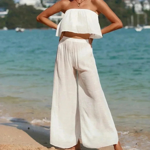 Beach Solid Color Strapless Top And Cover Up Wide Leg Pants - Picture 2 of 5